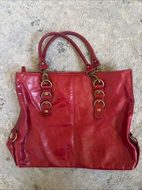 Classic Red Leather Tote with Brass Ring Details